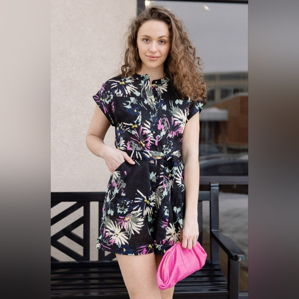 SCOTCH & SODA Park in Bloom 100% Linen Black Floral Playsuit Romper size…